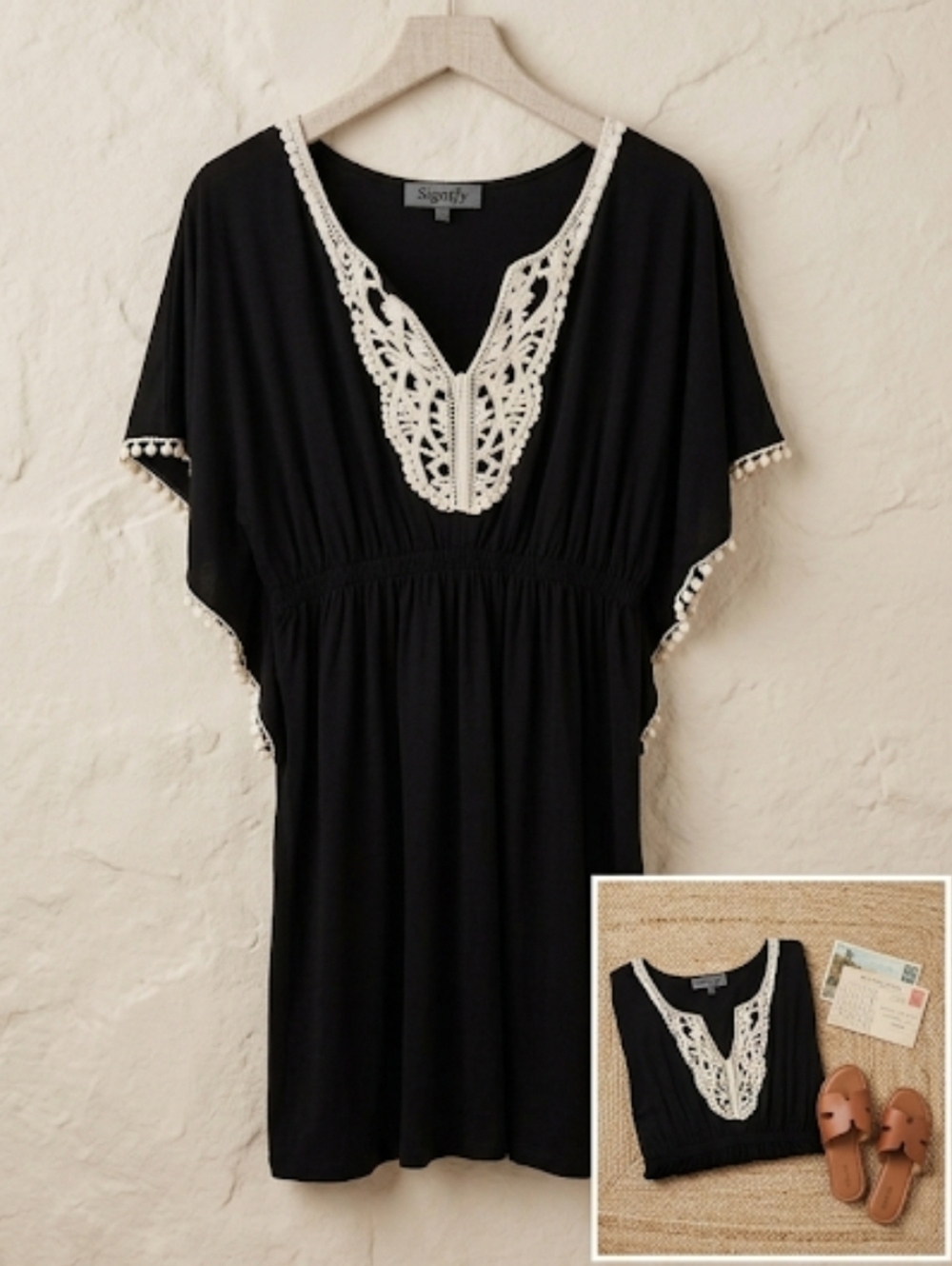 Signify black v-neck Dress Ivory crochet detail Butterfly sleeves elastic waist